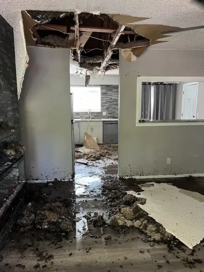 Water-stained apartment ceiling leaking from the unit above in North Hollywood