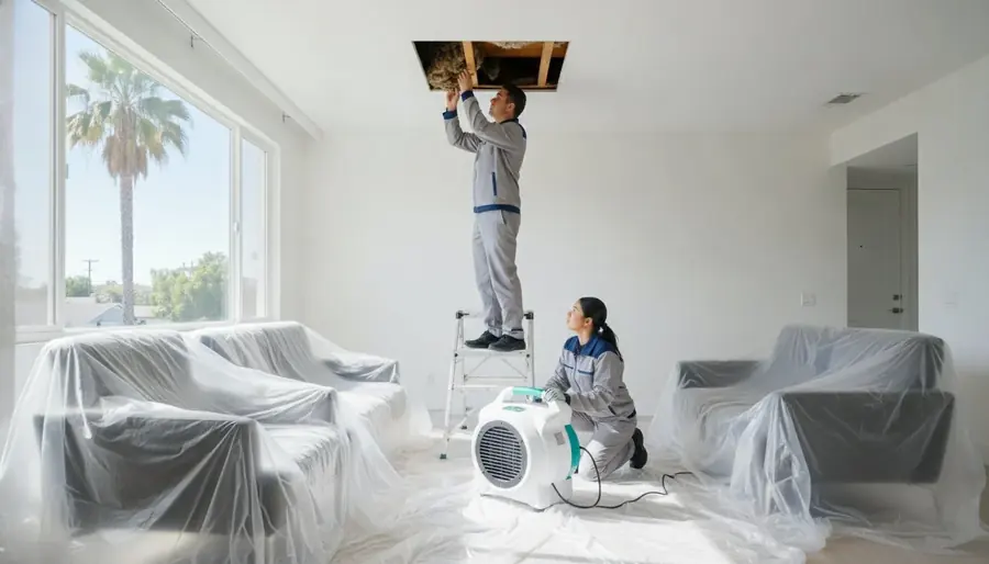 Furniture under cover during a water damage job in North Hollywood