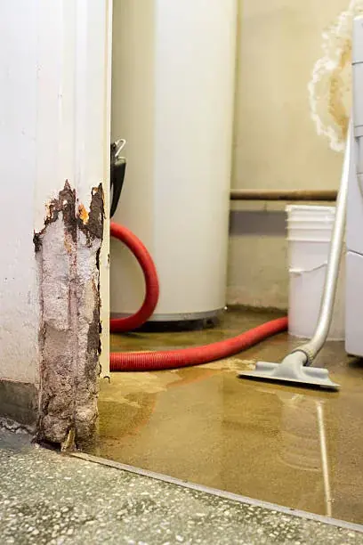 Technician extracting water from a flooded water heater closet in North Hollywood, CA